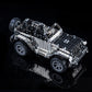 Metal off-road vehicle model toy with silver frame, black wheels, and roof supports, angled view