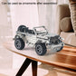 Metal off-road vehicle model toy with silver frame and black tires, standing on a display surface