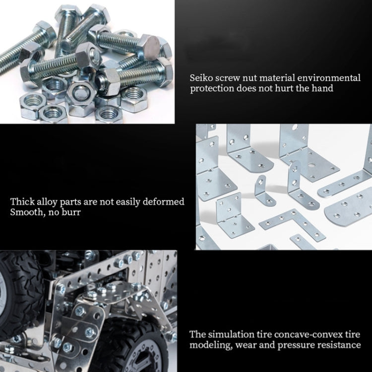 Metal assembly screws, nuts, and alloy plates close-up for building the off-road vehicle kit