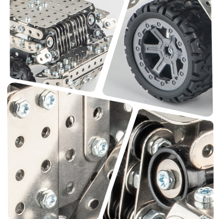 Metal wheel and tire detail with bolts and suspension parts, close-up view