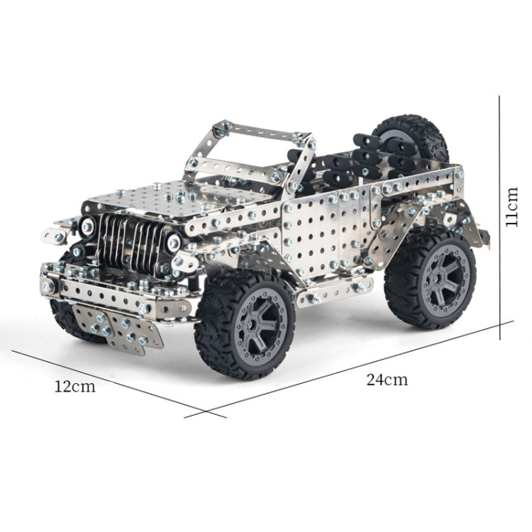Metal off-road vehicle model toy with black tires, shown with size markers