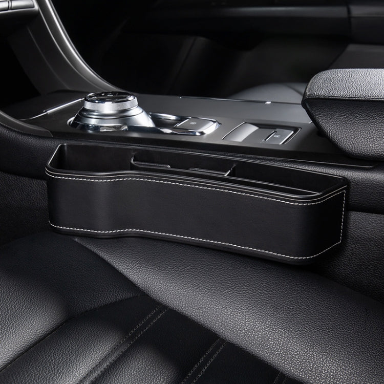 Car seat crevice storage box with lid, black leather finish and white contrast stitching