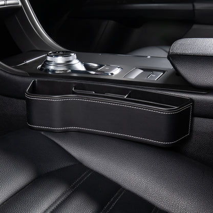 Car seat crevice storage box with lid, black leather finish and white contrast stitching