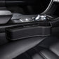 Car seat crevice storage box with lid, black leather finish and white contrast stitching