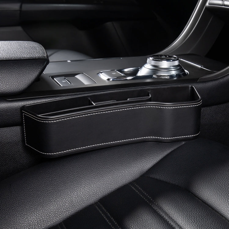Car seat crevice storage box with lid, black leather finish and white contrast stitching