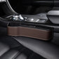 Car seat crevice storage box with lid, mocha brown leather finish and white contrast stitching