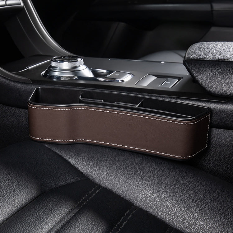 Car seat crevice storage box with lid, mocha brown leather finish and white contrast stitching
