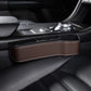 Car seat crevice storage box with lid, mocha brown leather finish and white contrast stitching