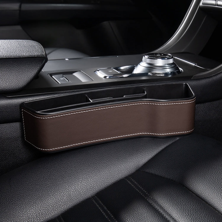 Car seat crevice storage box with lid, mocha brown leather finish and white contrast stitching