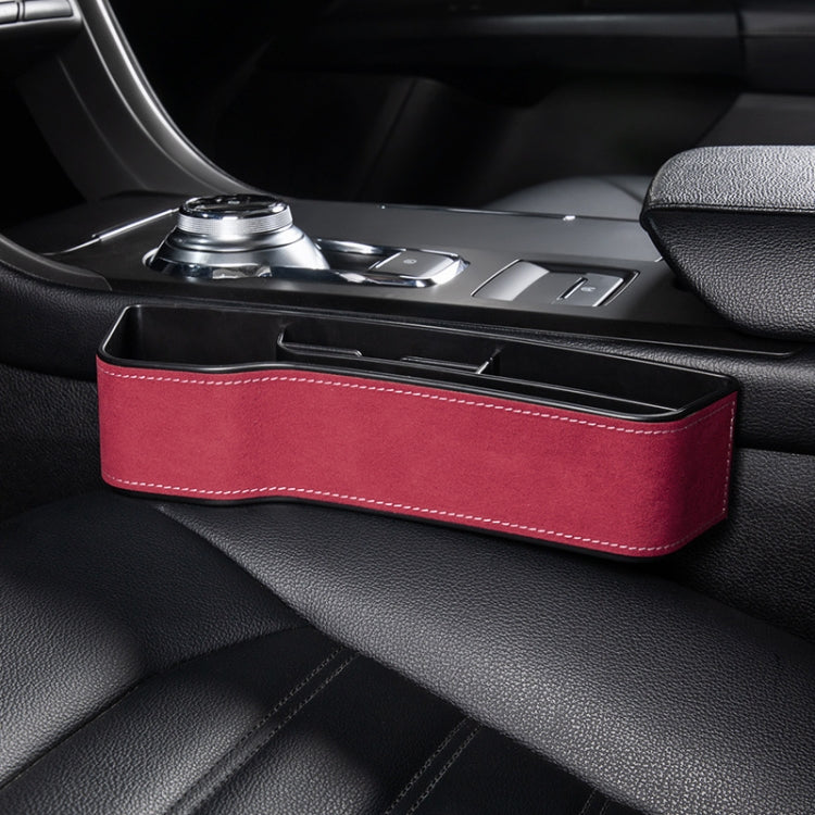 Car seat crevice storage box with lid, red suede finish and white contrast stitching