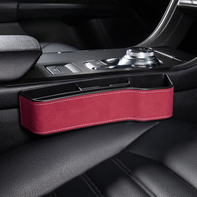 Car seat crevice storage box with lid, red suede finish and white contrast stitching