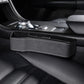 Car seat crevice storage box with lid, gray suede finish and white contrast stitching