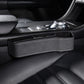 Car seat crevice storage box with lid, gray suede finish and white contrast stitching