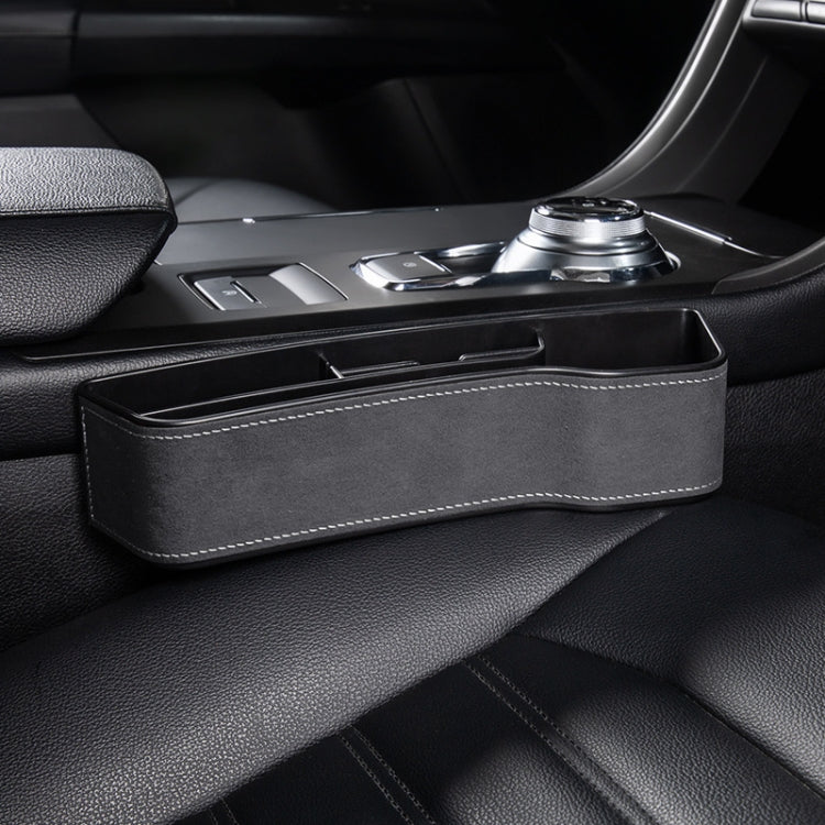 Car seat crevice storage box with lid, gray suede finish and white contrast stitching