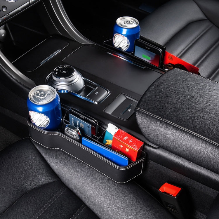 Black leather-style car seat crevice storage organizer with multiple compartments