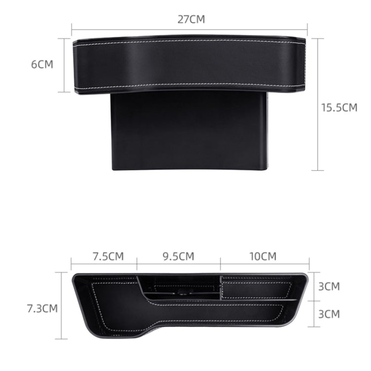 Black leather-look car seat crevice storage box with stitched edge and open top