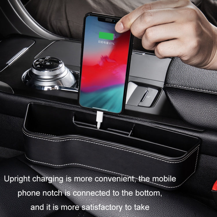 Black leather-look car storage box with phone and charging port in center