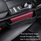 Black leather-look car storage box with red interior panel and stitched seams