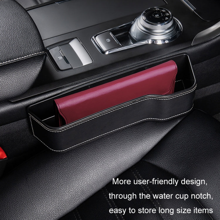 Black leather-look car storage box with red interior panel and stitched seams