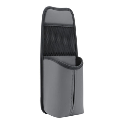 Grey leather car seat hanging storage bag with mesh pocket and cup sleeve