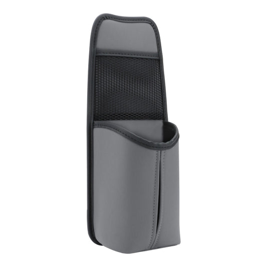 Grey leather car seat hanging storage bag with mesh pocket and cup sleeve