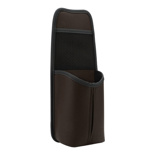 Brown leather car seat hanging storage bag with mesh pocket and cup sleeve
