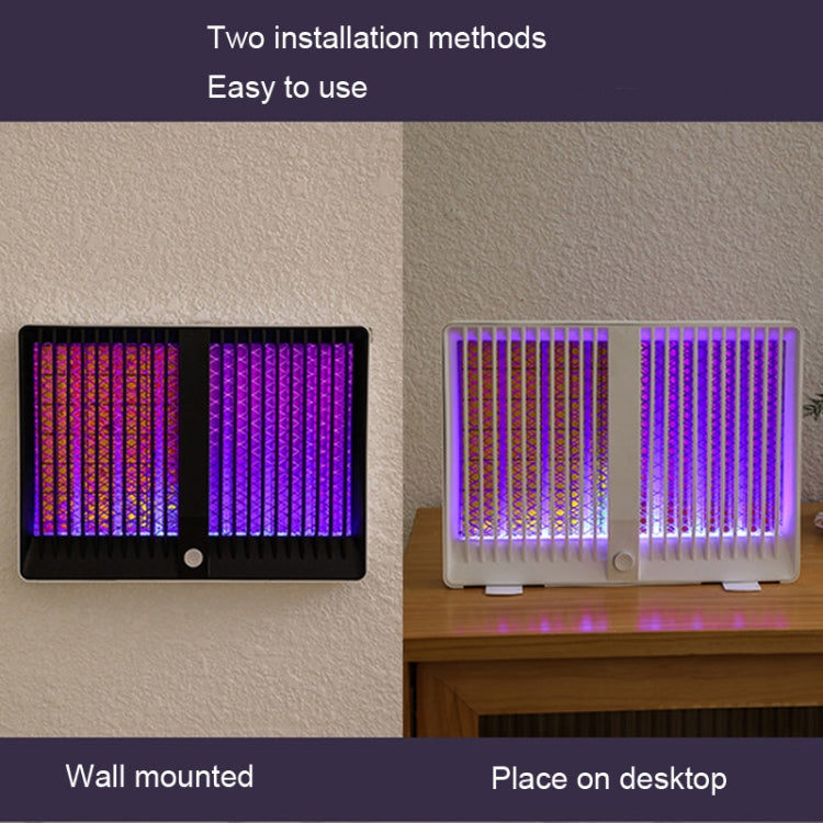 Mosquito killer lamp showing black wall-mount and white desktop use, purple UV glow