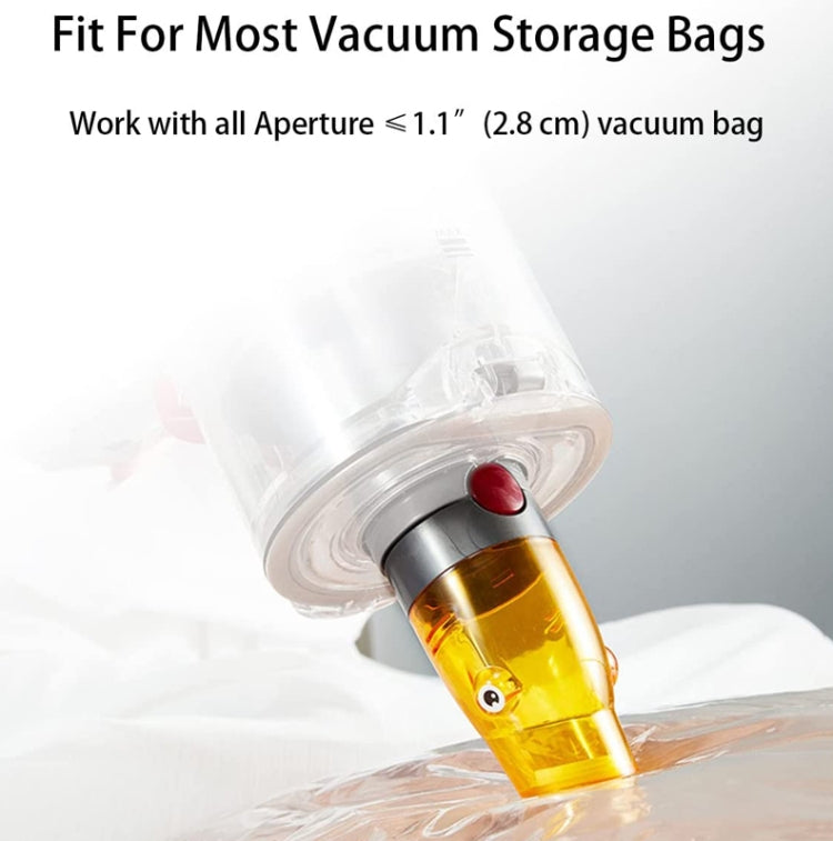 Yellow suction tip adapter inserting into a vacuum storage bag opening