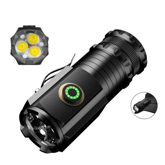 Mini tactical LED flashlight with black body and visible front LED array