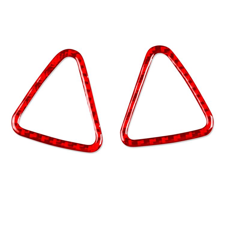 Pair of red triangular dashboard vent decorative stickers with carbon-fiber trim