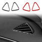 Four triangular dashboard vent decorative stickers: two black and two red, carbon-fiber trim