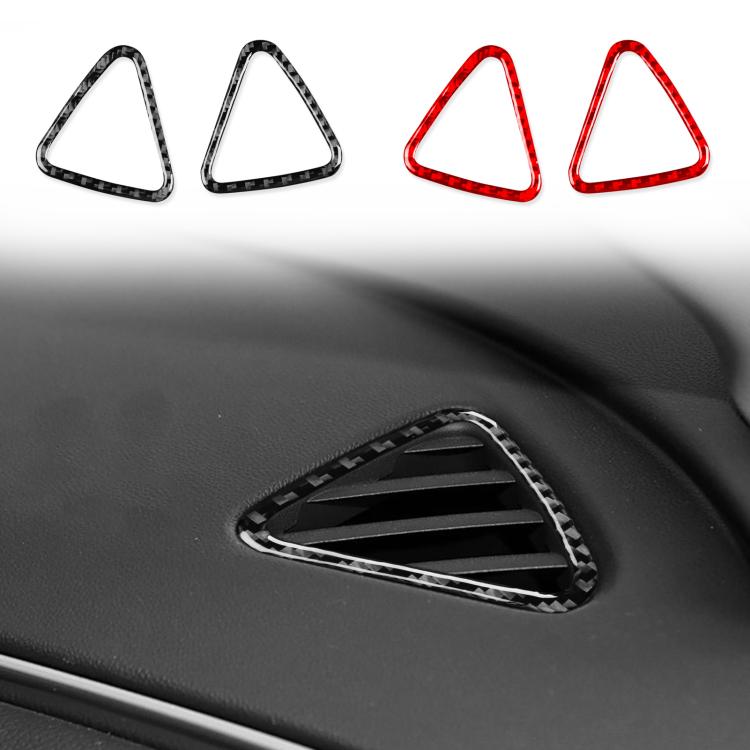 Four triangular dashboard vent decorative stickers: two black and two red, carbon-fiber trim
