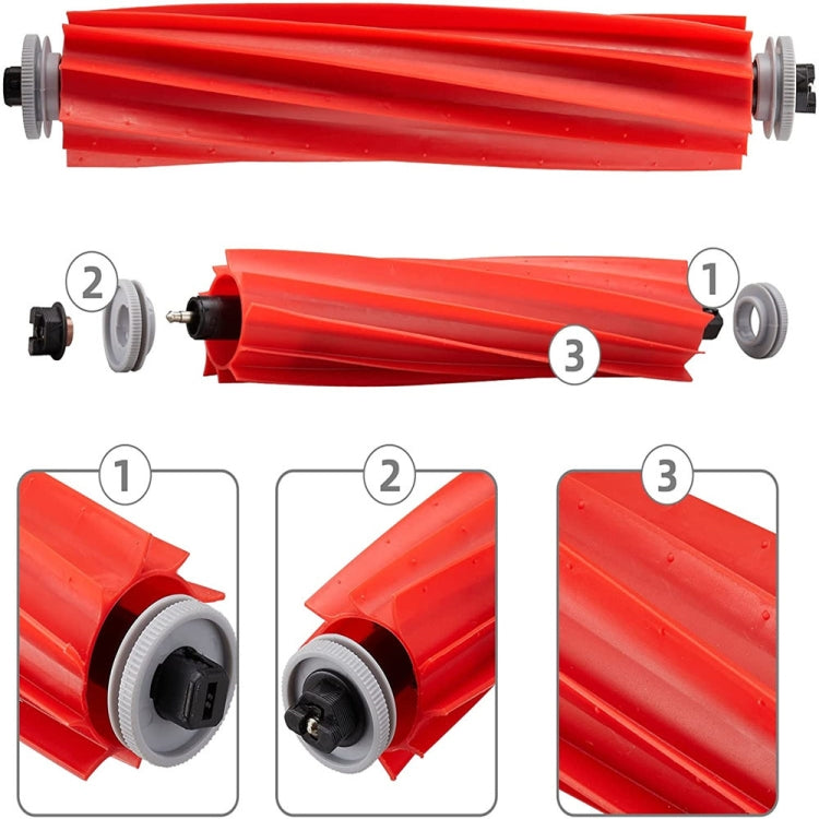 Red roller brush with twin end caps and bristles, replacement for robot vacuum