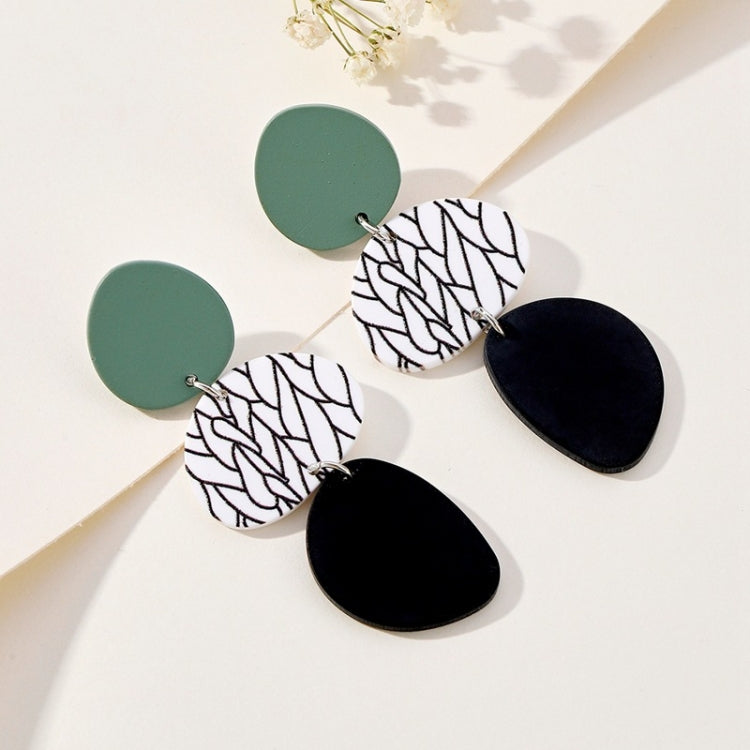Long dangle earrings set: teal circles with white leaf-print and black oval drops