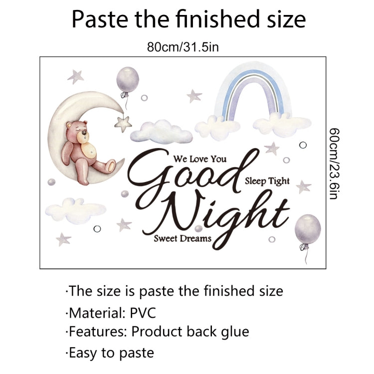 Wall sticker sheet featuring moon bear, floating balloons, clouds, and rainbow Good Night design
