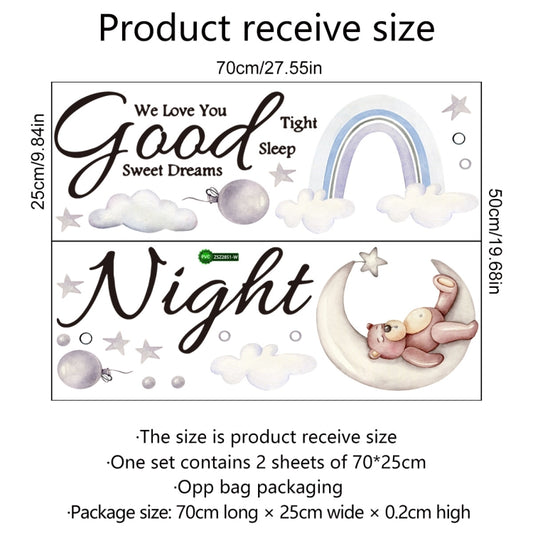 Wall sticker sheet with Good Night wording, moon bear, stars, clouds, and rainbow arch