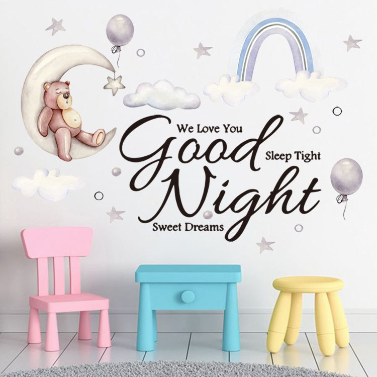 Good Night wall decal set with moon bear, balloons, clouds, and rainbow arch