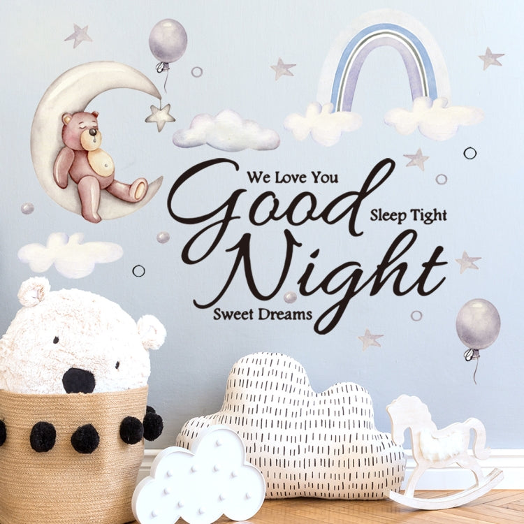 Cartoon Good Night wall stickers with moon bear, clouds, stars, balloons, and rainbow arch
