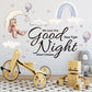 Good Night wall sticker design with moon bear, clouds, balloons, stars, and rainbow arch