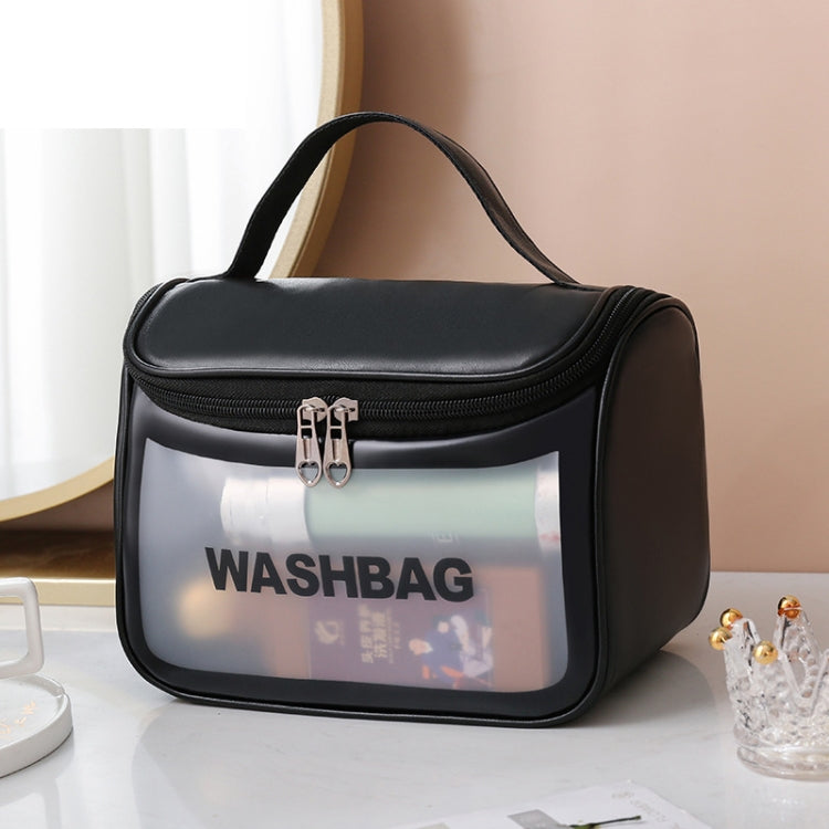 Black translucent cosmetic bag with frosted window and zip-top closure, carry handle