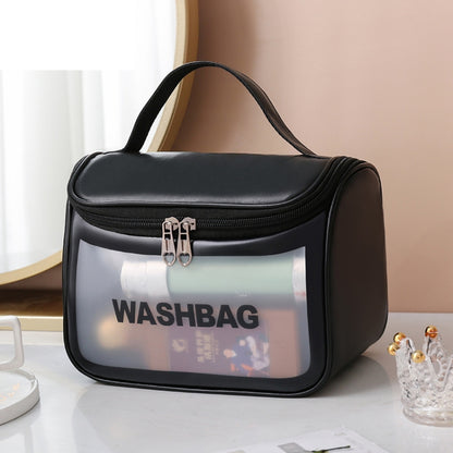 Black translucent cosmetic bag with frosted window and zip-top closure, carry handle