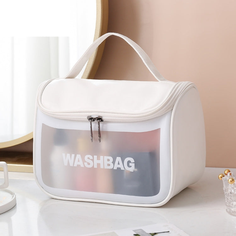 White translucent cosmetic bag with frosted window, zip-top closure, and carry handle