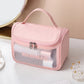Pink translucent cosmetic bag with frosted window, zip-top closure, and carry handle