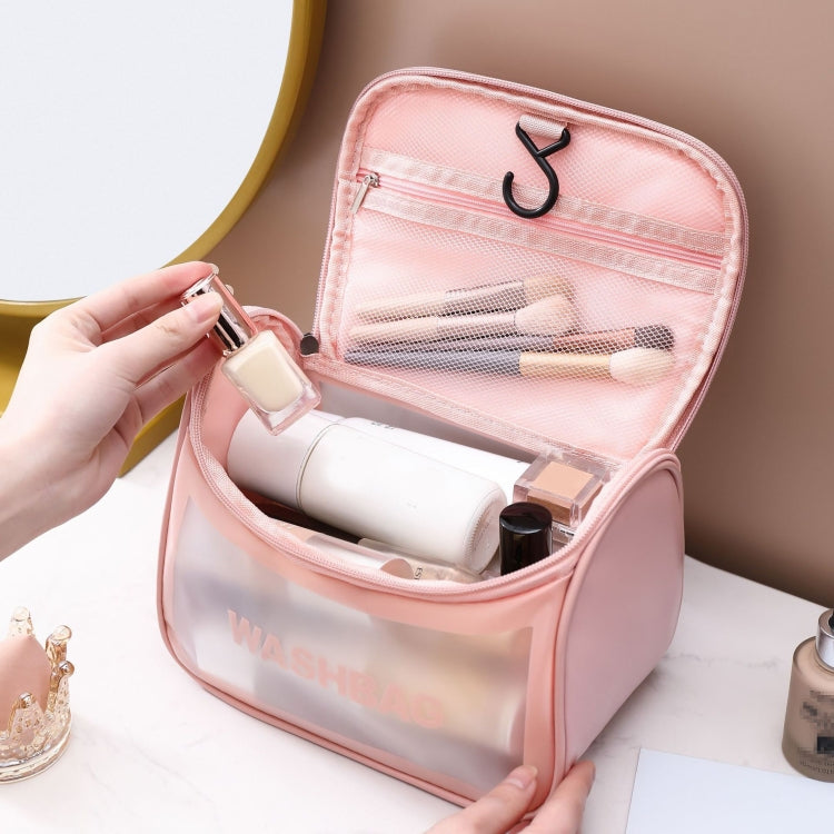 Pink frosted toiletry bag open, showing internal pockets and zip closure