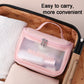 Pink translucent cosmetic bag open with frosted front window and zippered top
