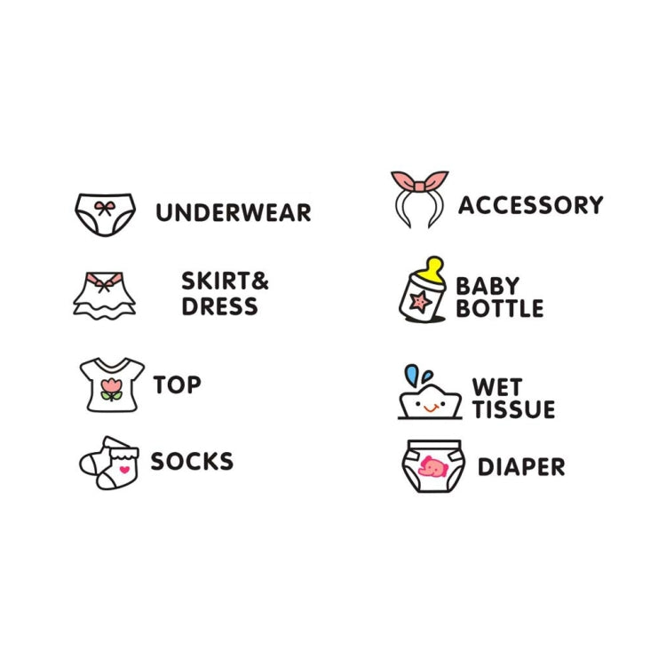 Removable baby category wall stickers: underwear, skirt&dress, top, socks, diaper, accessory