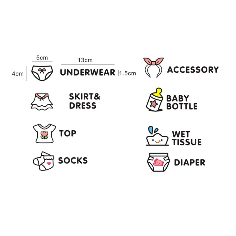 Baby category wall stickers with icons and size labels (5cm, 4cm, 13cm)