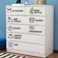 Baby category label stickers on storage drawers: accessory, bottle, wet tissue, diaper
