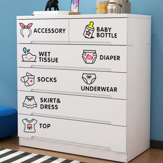 Baby category label stickers on storage drawers: accessory, bottle, wet tissue, diaper