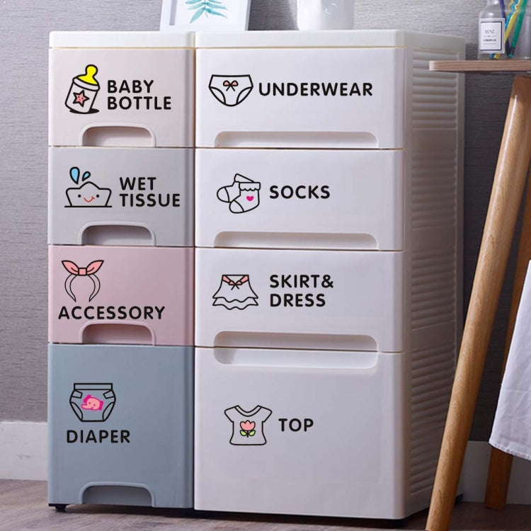 Close-up baby category label stickers: baby bottle, underwear, socks, skirt&dress, diaper